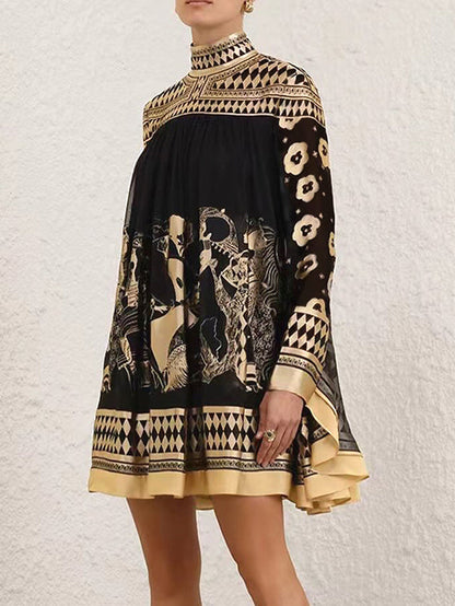 A-Line Long Sleeves Bronzing Printed Split-Joint Mock Neck Mini Dresses