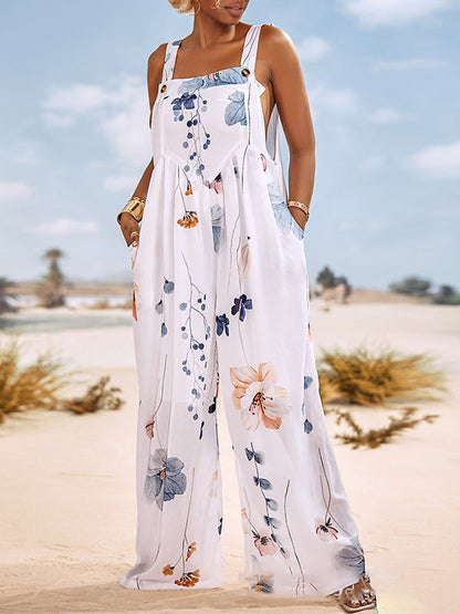Loose Sleeveless Buttoned Flower Print Pleated Pockets Split-Joint Square-Neck Jumpsuits