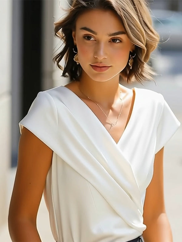 Loose Short Sleeves Asymmetric Pleated Solid Color Split-Joint V-Neck T-Shirts Tops