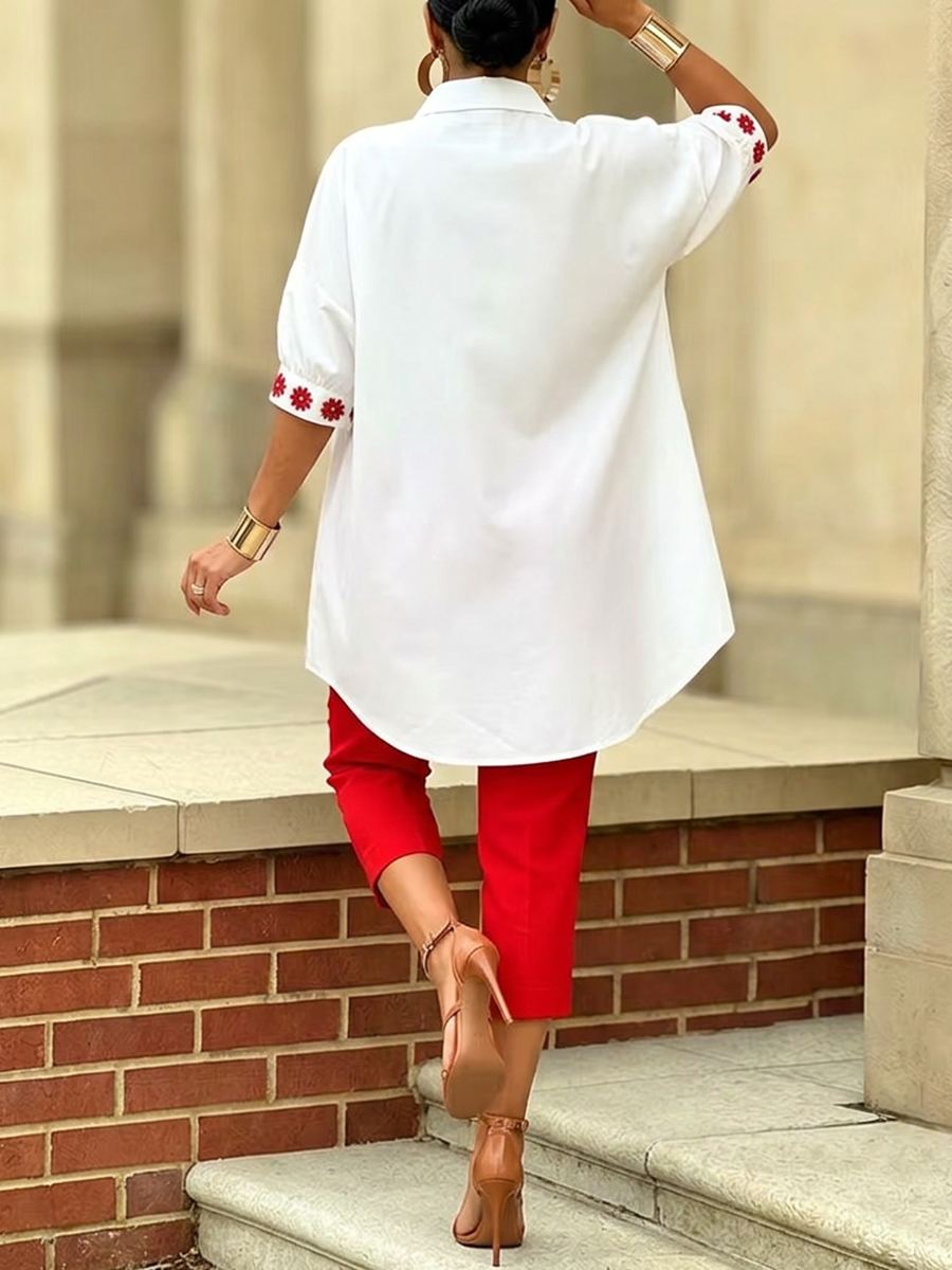 Half Sleeves Loose Buttoned Flower Print Lapel Blouses&Shirts Tops