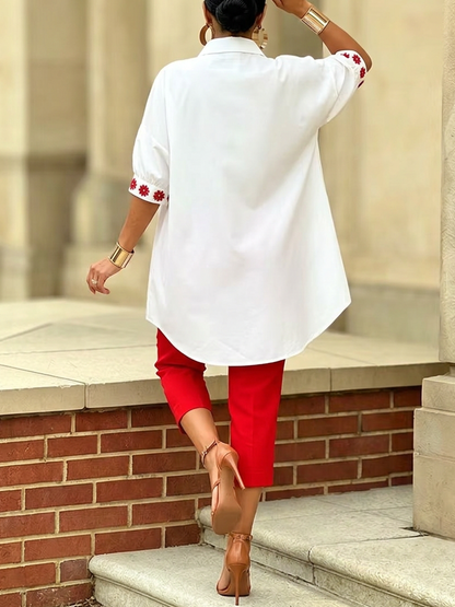 Half Sleeves Loose Buttoned Flower Print Lapel Blouses&Shirts Tops