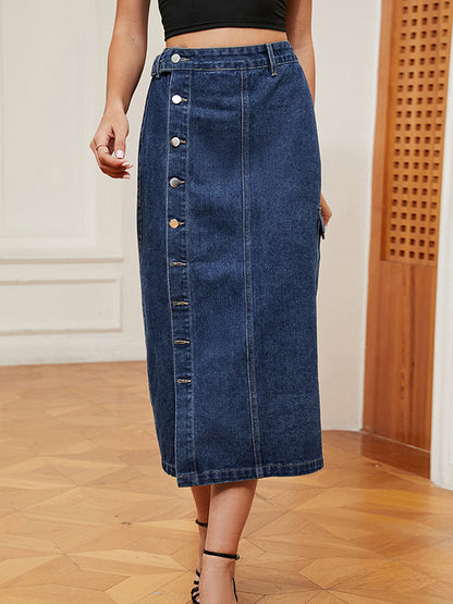 Loose Buttoned Pockets Split-Front Denim Skirts Bottoms