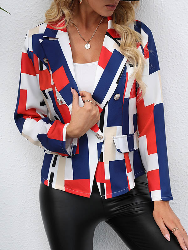 Long Sleeves Loose Buttoned Pockets Printed Notched Collar Blazer Outerwear RED BLUE