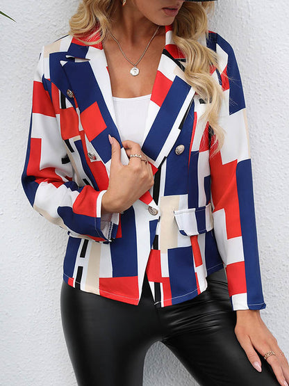 Long Sleeves Loose Buttoned Pockets Printed Notched Collar Blazer Outerwear RED BLUE