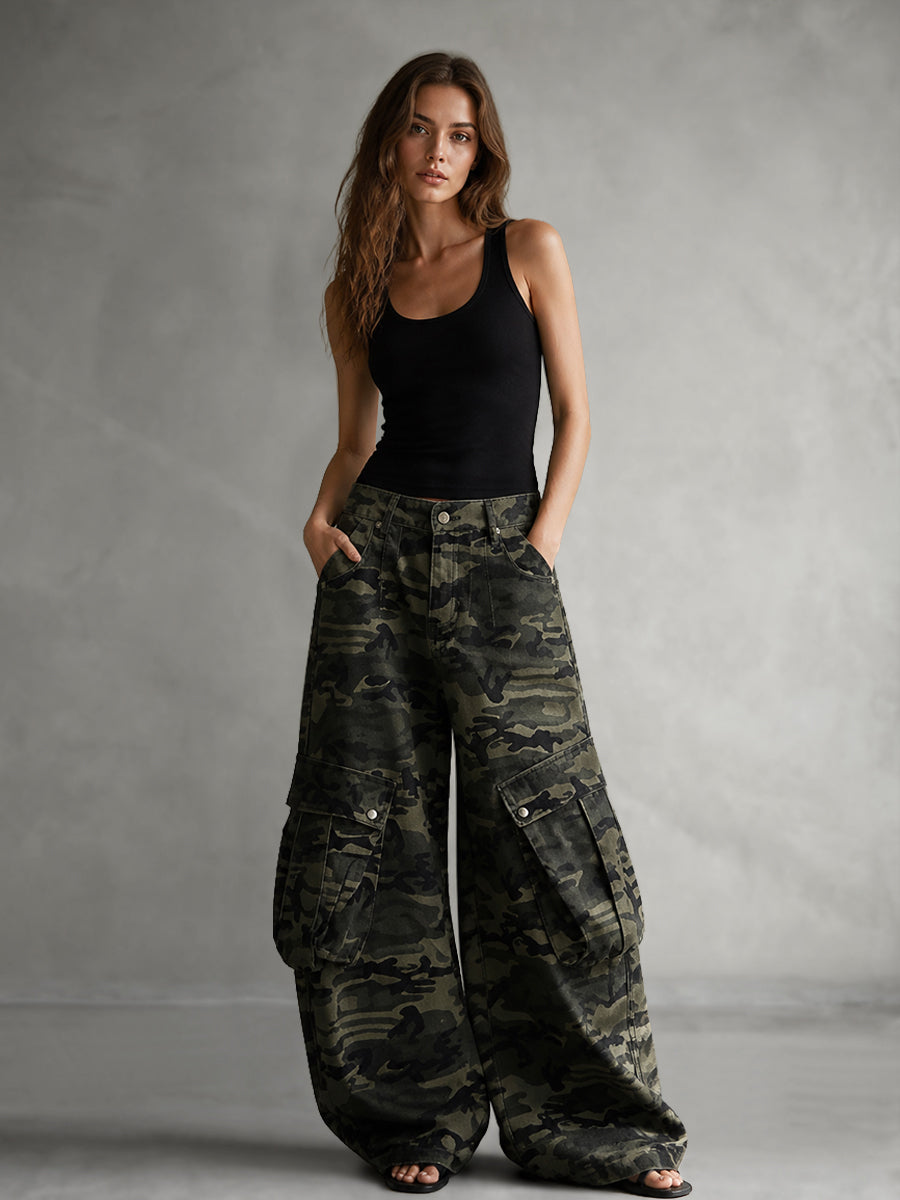 Zipper Pockets Camouflage Buttoned Wide Leg Loose Trousers Pants