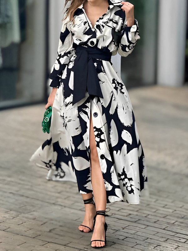 A-Line Long Sleeves Buttoned Contrast Color Flower Print Tied Waist Lapel Midi Dresses Shirt Dress