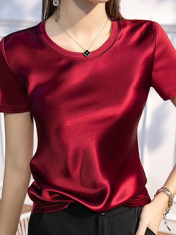 Short Sleeves Solid Color Round-Neck T-Shirts Tops WINE RED