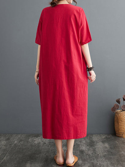 A-Line Loose Chinese Frog Buttons Pockets Solid Color Split-Side V-Neck Midi Dresses