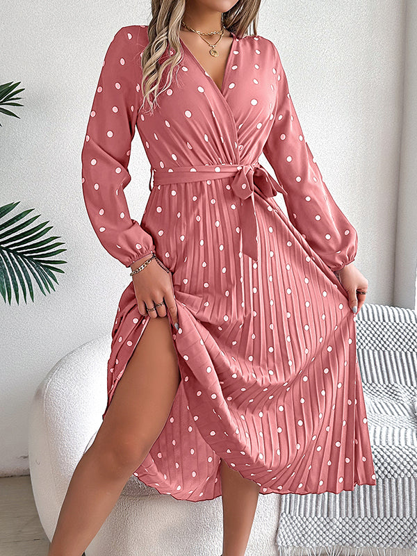 A-Line High Waisted Elasticity Pleated Polka-Dot Split-Joint Tied Waist V-Neck Midi Dresses Shirt Dress