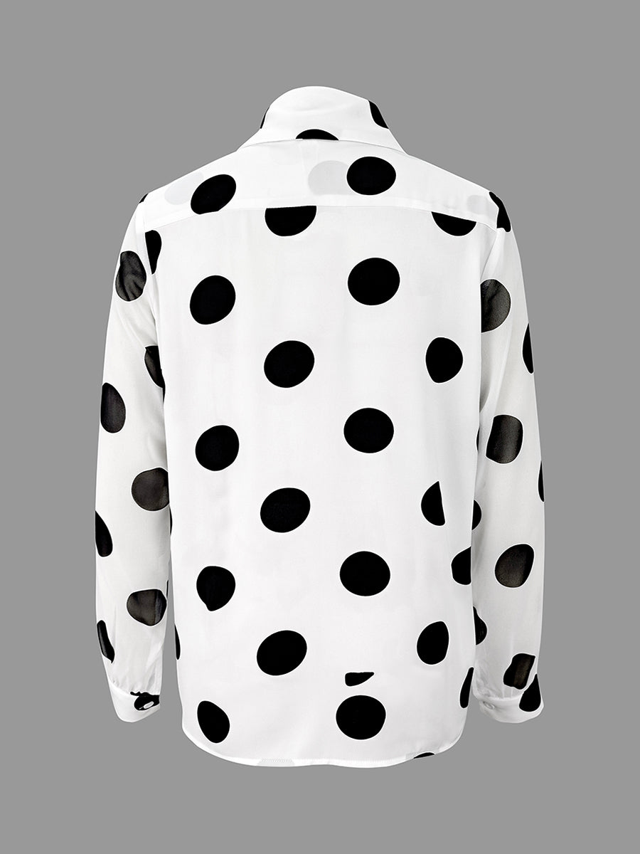 Long Sleeves Loose Buttoned Polka-Dot Printed Lapel Blouses&Shirts Tops