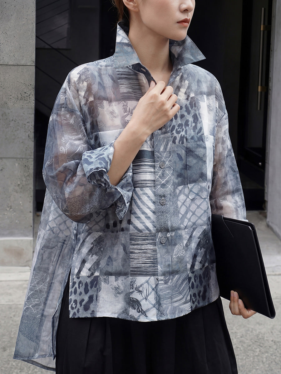Split-Joint See-Through Printed Contrast Color Buttoned Loose Long Sleeves Lapel Blouses&Shirts Tops