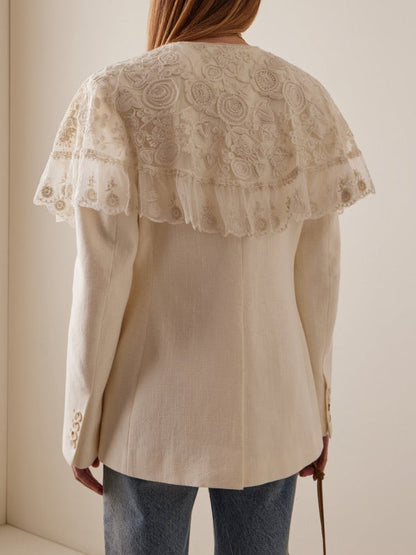 Long Sleeves Buttoned Embroidered Pockets Split-Joint Deep V-Neck Blazer Outerwear