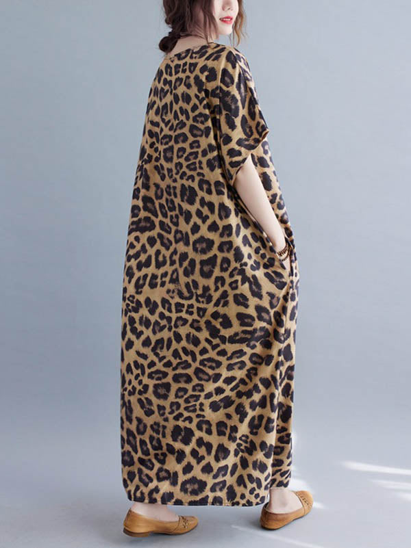 Loose Leopard V-Neck Batwing Sleeves Maxi Dress