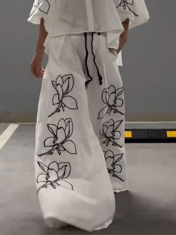 Loose Wide Leg Drawstring Flower Print Casual Pants Bottoms Trousers