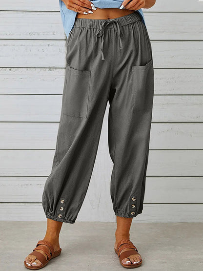 High Waisted Loose Buttoned Drawstring Elasticity Pockets Split-Joint Ninth Pants Trousers