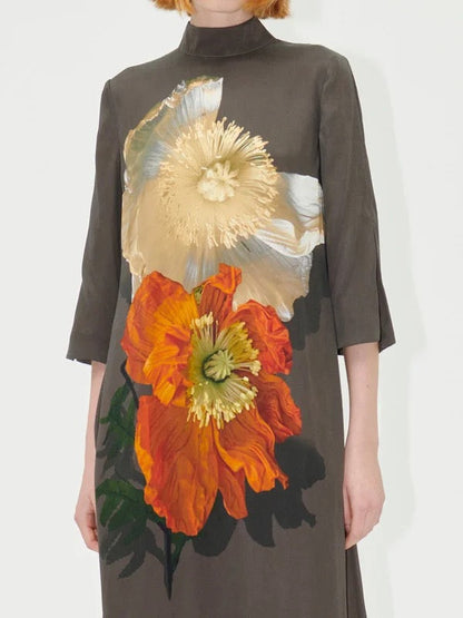 Loose Three-Quarter Sleeves Flower Print Mock Neck Midi Dresses