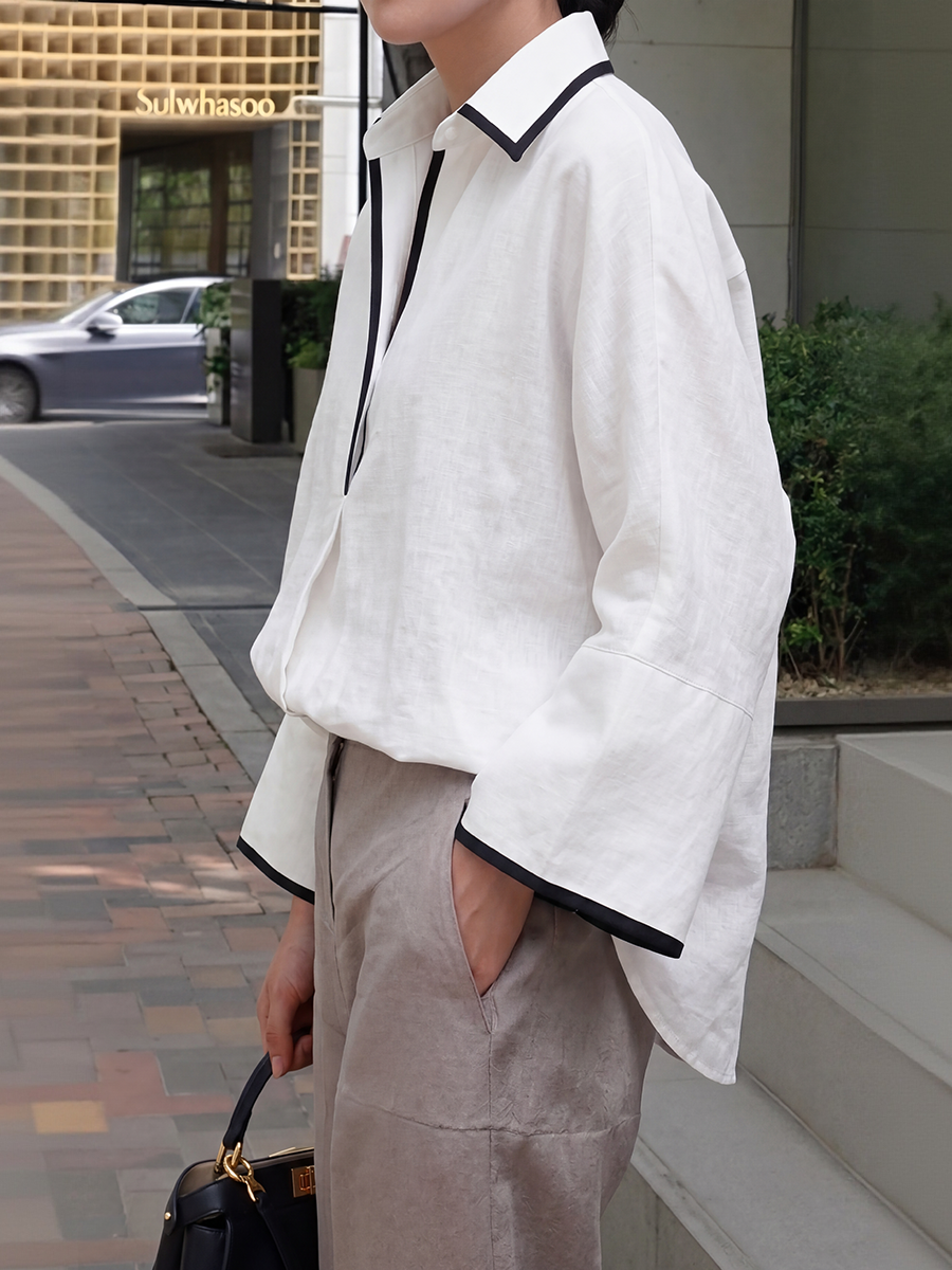 Flared Sleeves Long Sleeves Solid Color Split-Joint Lapel Blouses&Shirts Tops