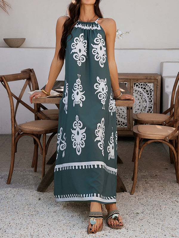 A-Line Loose Contrast Color Halter-Neck Maxi Dresses