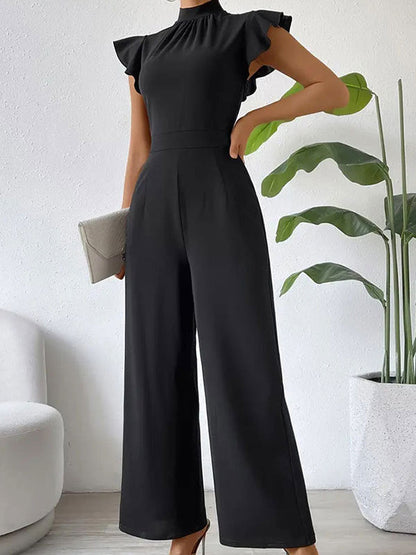 High Waisted Loose Pleated Ruffled Solid Color Mock Neck Jumpsuits