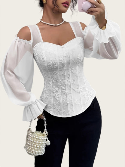 Flared Sleeves Long Sleeves Elasticity Hollow Jacquard Solid Color Split-Joint Cold Shoulder Blouses&Shirts Tops