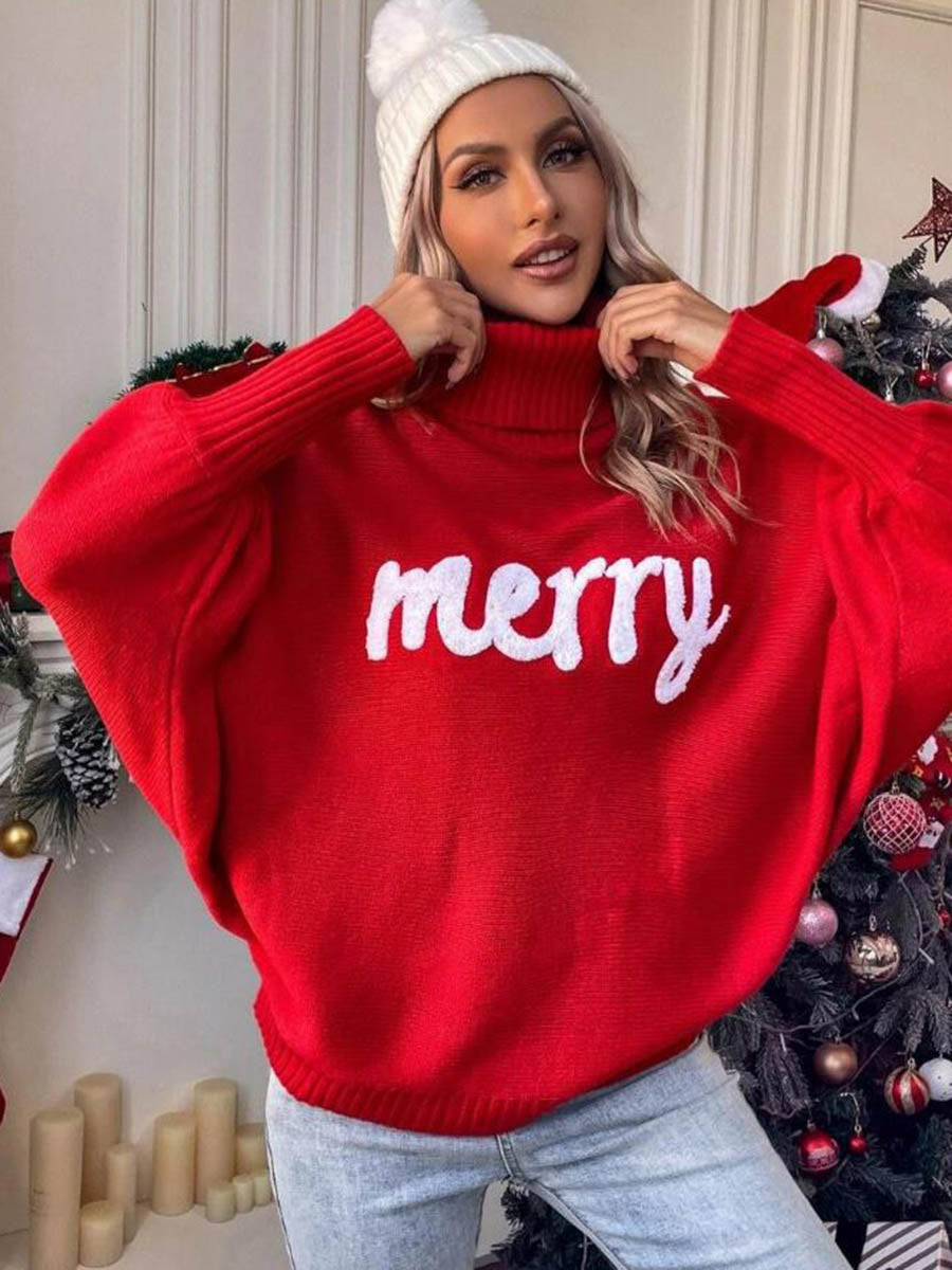 Long Sleeves Loose Contrast Color Printed Split-Joint High Neck Sweater Tops