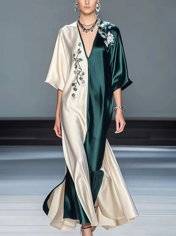 Half Sleeves Loose Contrast Color Flower Print V-Neck Maxi Dresses