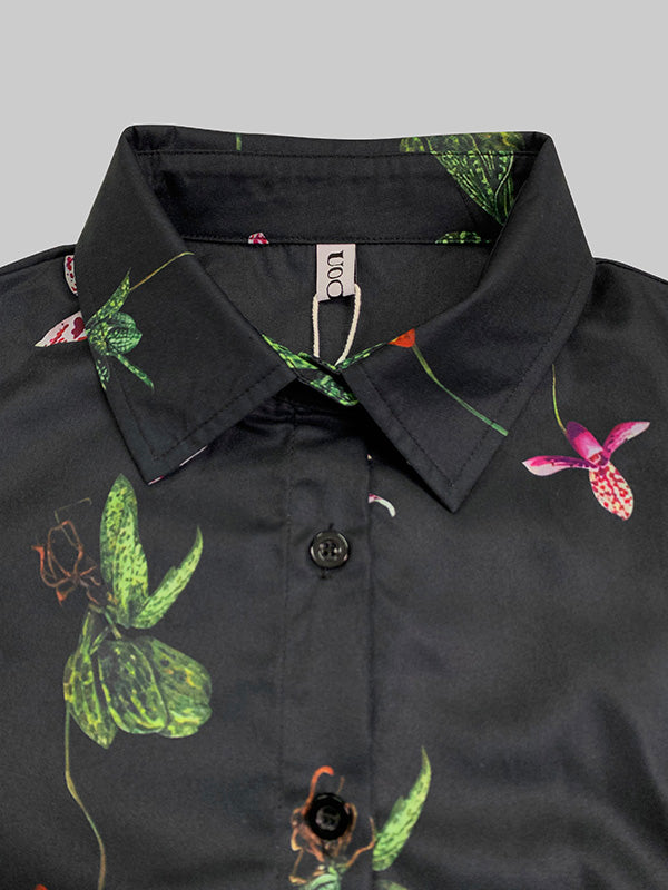 Long Sleeves Loose Asymmetric Flower Print Split-Joint Lapel Blouses&Shirts Tops