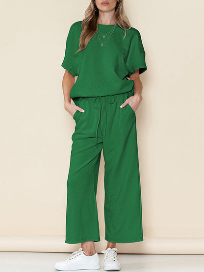 Loose Short Sleeves Solid Color Round-Neck T-Shirt Top + Drawstring Elasticity Pockets Pants Botttom Two Pieces Set
