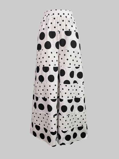 High Waisted Loose Contrast Color Elasticity Pockets Polka-Dot Split-Joint Pants Trousers