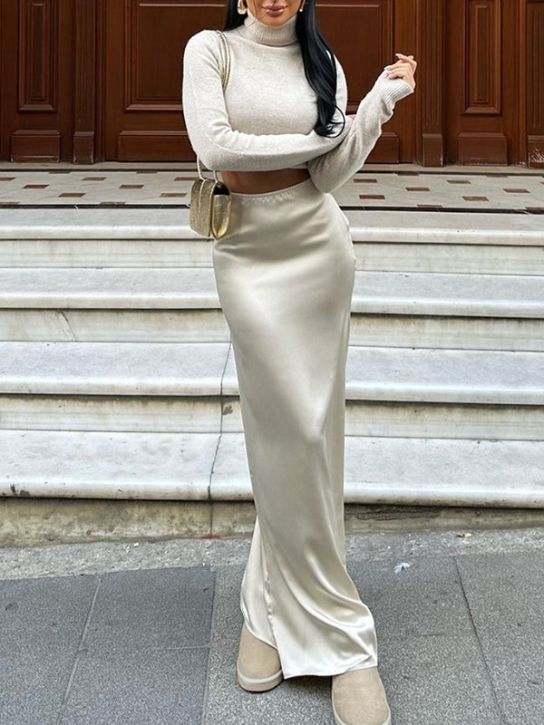 High Waisted Elasticity Solid Color Split-Joint Skirts