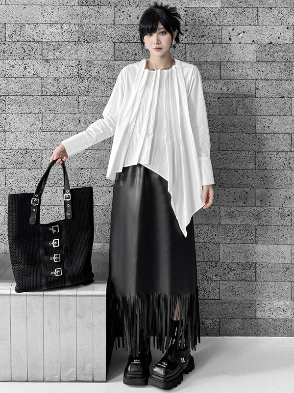 Hipster Irregularity Asymmetric Pleated Solid Color Round-Neck Blouses&Shirts Tops