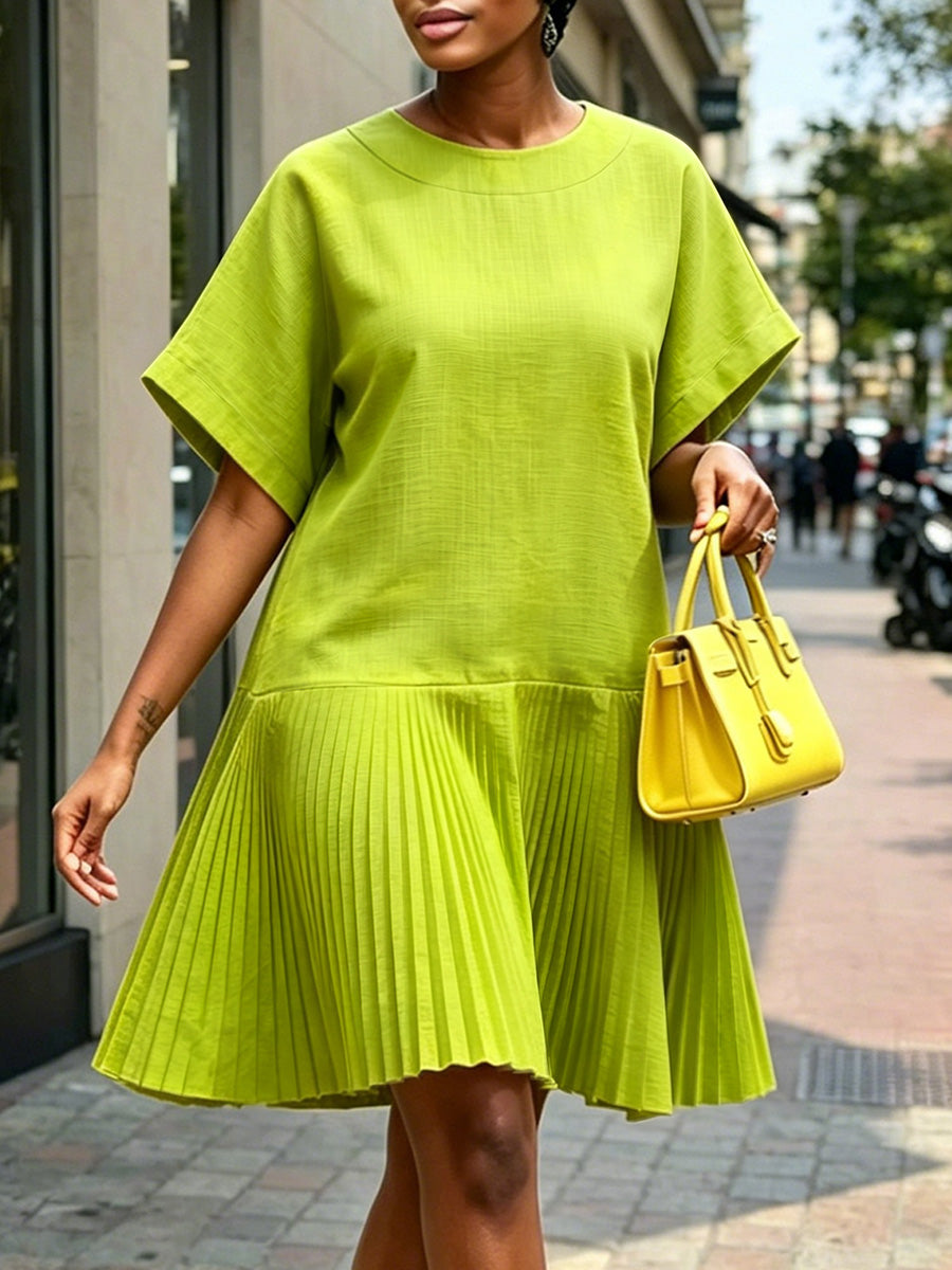 Loose Short Sleeves Pleated Solid Color Split-Joint Round-Neck Mini Dresses