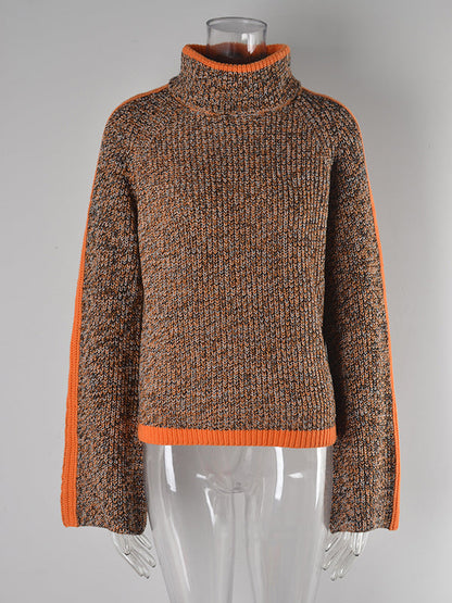 Casual Long Sleeves Loose Contrast Color Half Turtleneck Sweater Tops