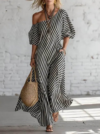 Loose Plus Size Pockets Striped One-Shoulder Maxi Dresses