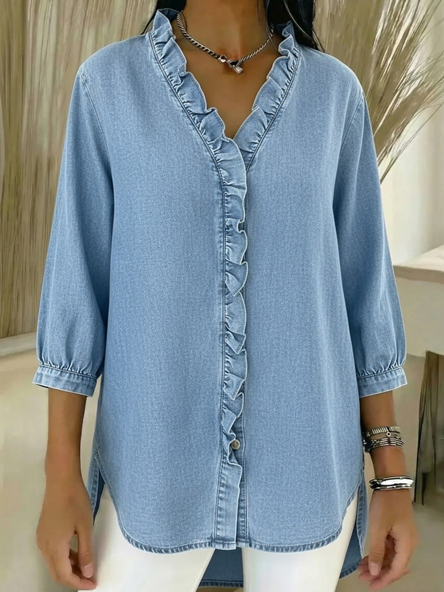 Loose Plus Size Ruffle Trim Solid Color V-Neck Blouses&Shirts Tops