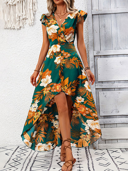 High-Low Loose Flower Print Split-Joint V-Neck Maxi Dresses