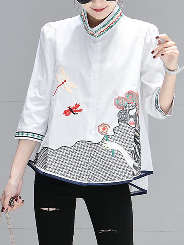 High-Low Loose Contrast Color Embroidered Printed Blouses&Shirts Tops