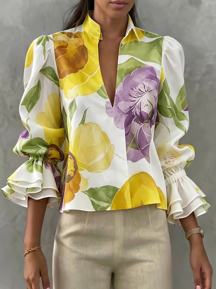 Flared Sleeves Long Sleeves Elasticity Flower Print V-Neck Blouses&Shirts Tops