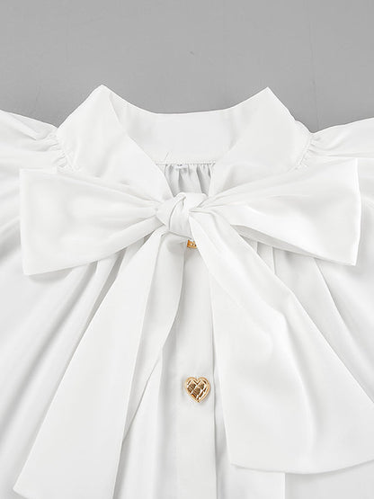 A-Line Flared Sleeves Buttoned Elasticity Pleated Solid Color Tied Zipper Stand Collar Mini Dresses