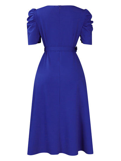 Solid Color Pleated Belted Short Sleeves Plus Size V-neck Midi Dresses