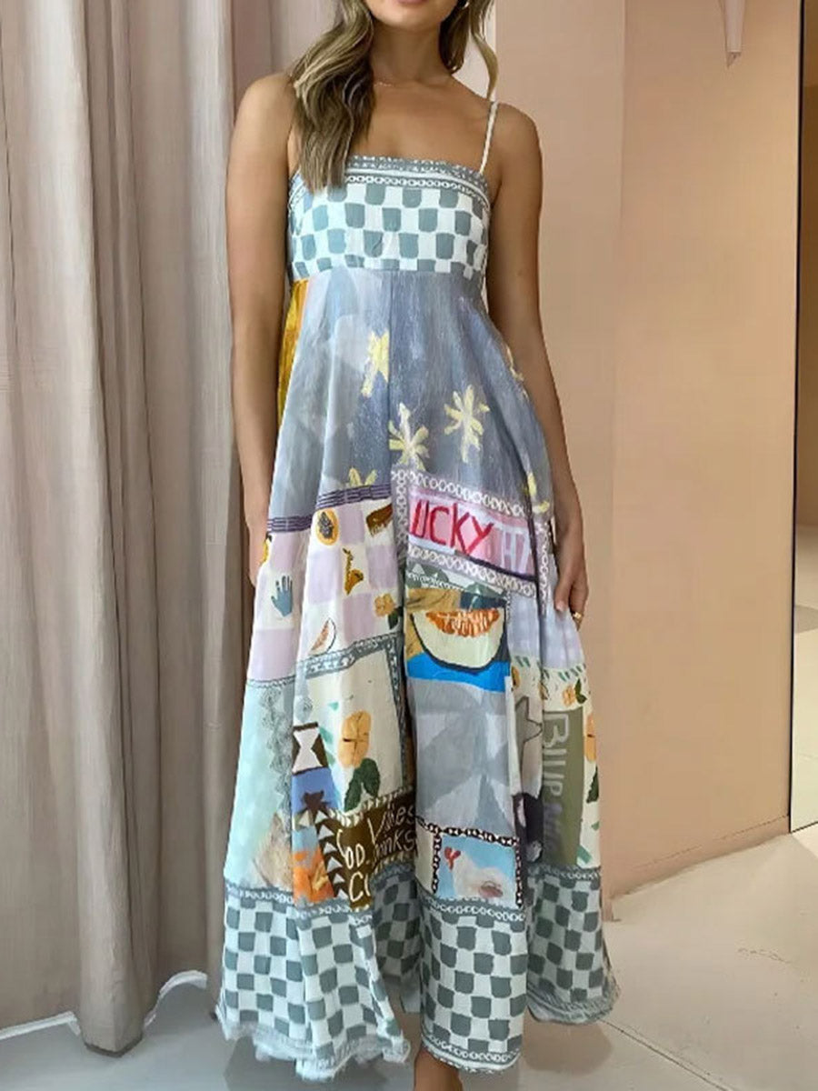 A-Line High Waisted Contrast Color Pleated Printed Split-Joint Spaghetti-Neck Midi Dresses