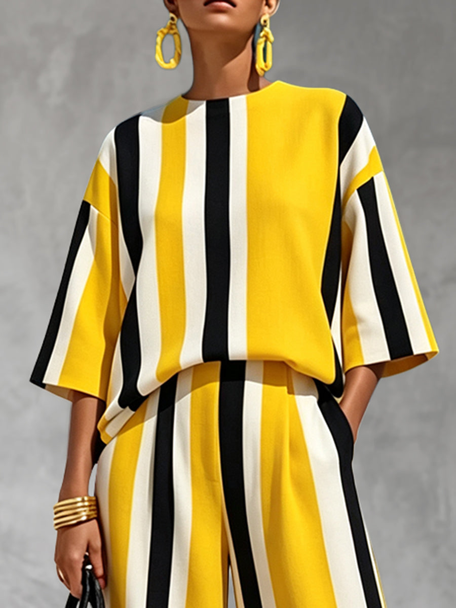 Striped Contrast Color Loose Half Sleeves Round-neck Blouses&shirts Tops [Enhanced Image Details]