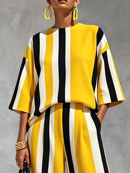 Striped Pockets Wide Leg Short Sleeves Round-neck Blouse Top + Pants Bottom Two Pieces Set