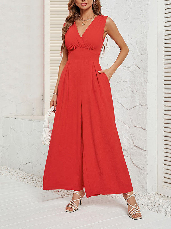 Loose Sleeveless Pleated Solid Color Split-Joint V-Neck Jumpsuits