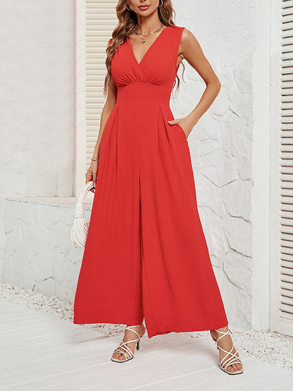 Loose Sleeveless Pleated Solid Color Split-Joint V-Neck Jumpsuits