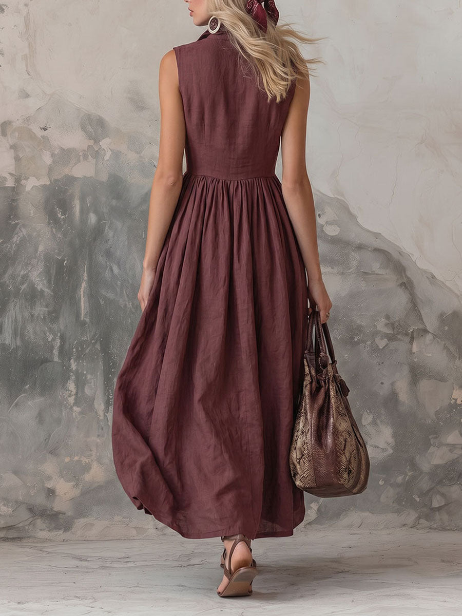 High Waisted Loose Buttoned Pleated Solid Color Lapel Maxi Dresses