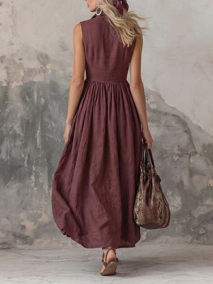High Waisted Loose Buttoned Pleated Solid Color Lapel Maxi Dresses