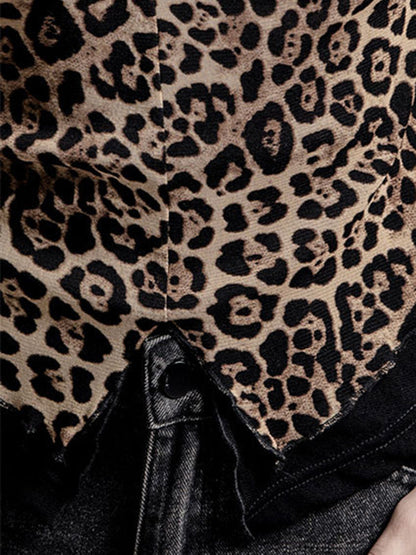 False Two Long Sleeves Leopard Pleated Split-Joint Boat Neck T-Shirts Tops