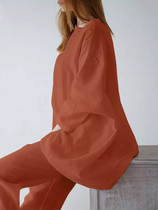 Lässiges, lockeres, langärmliges, einfarbiges T-Shirt-Oberteil und Hose, zweiteiliges Set 