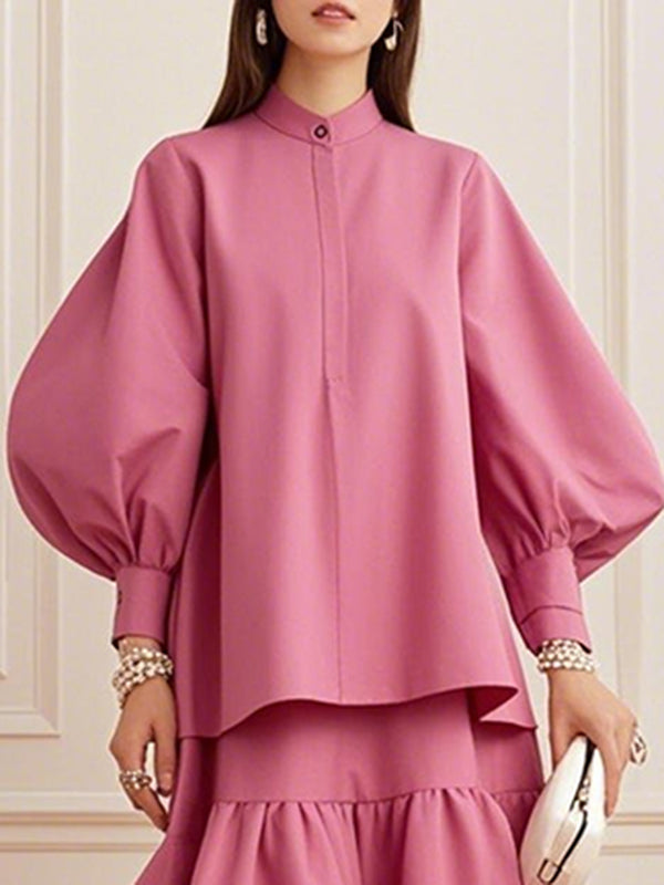 Loose Puff Sleeves Pleated Solid Color Split-Joint Round-Neck Blouses&Shirts Tops PINK